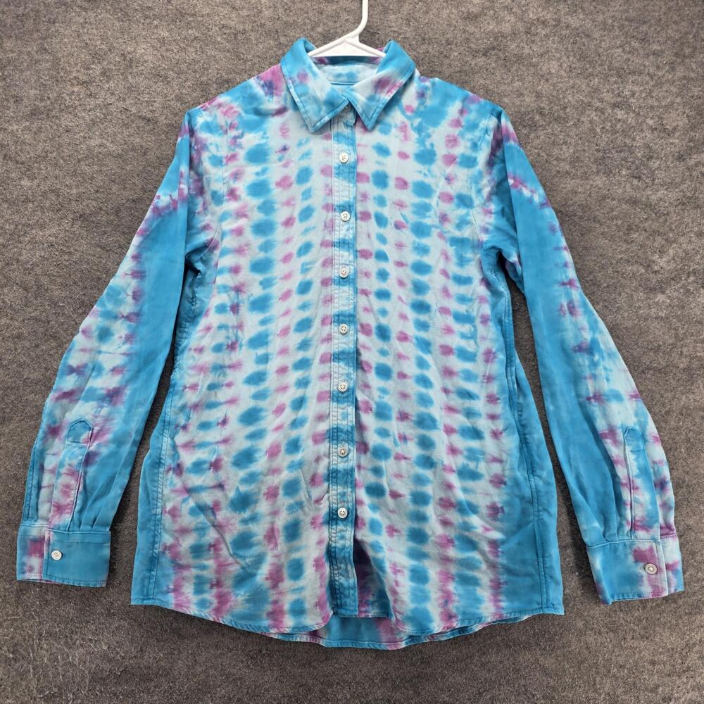 Lands' End Button-Up Tunic Womens S Blue Striped Long Sleeve Relaxed Fit